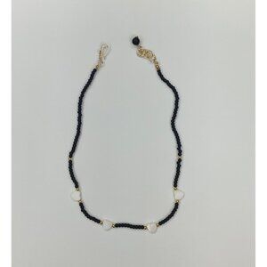 Handmade Beaded Necklace – Black, Gold & White Hearts 17” to 18”